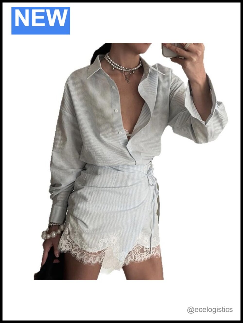 Women's 2 Piece Striped Button Down Shirt & Lace Trim Wrap Mini Skirt Set